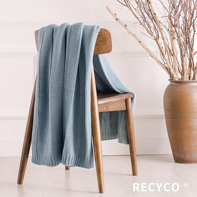 RECYCO Cable Knit Blue Throw Blanket Twin Size, Super Soft Warm Cozy Decorative Knitted Throw Blanket 3.6LB for Bed, Chair Large 60"x80"
