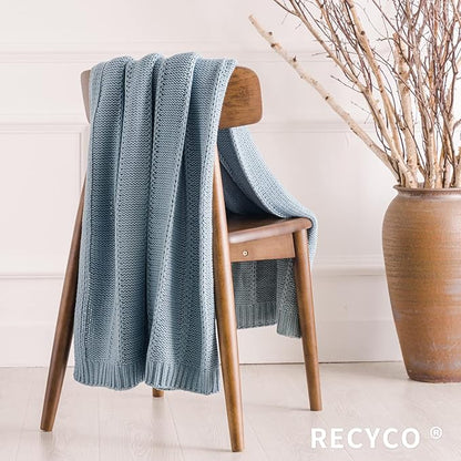 RECYCO Cable Knit Blue Throw Blanket Twin Size, Super Soft Warm Cozy Decorative Knitted Throw Blanket 3.6LB for Bed, Chair Large 60"x80"