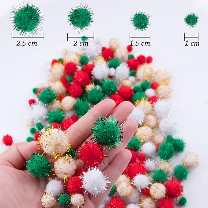 BQTQ 1200 Pieces Christmas Pom Pom Tinsel Balls Glitter Fluffy for Craft Making and Decorations (4 Sizes, Gold, White, Green, Red)