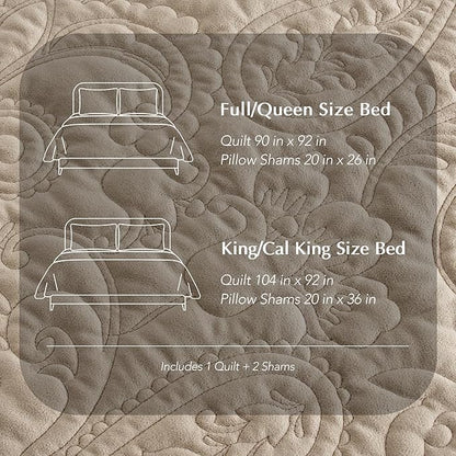 EVERGRACE Luxury Pearl Velvet Quilt Set King Size 3 Pieces, Soft Paisley-Stitch Velvet Comforter Set with Pillow Shams, Lightweight Bedspread Coverlet Bedding Set, Natural
