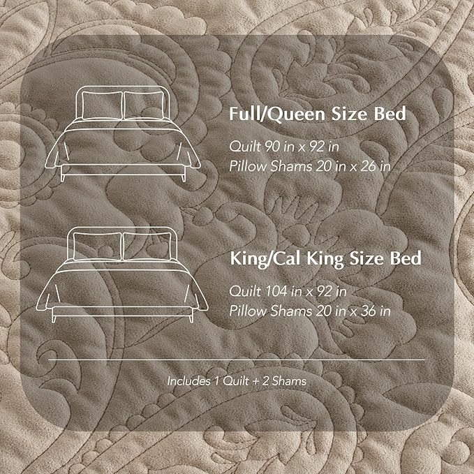 EVERGRACE Luxury Pearl Velvet Quilt Set Queen Size 3 Pieces, Soft Paisley-Stitch Velvet Comforter Set with Pillow Shams, Lightweight Bedspread Coverlet Bedding Set, Natural