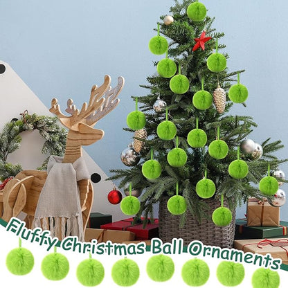 24 Pcs Green Furry Christmas Ball Ornaments for Tree 3.94 Inches Large Pom Pom Ball Christmas Hanging Decoration for Party Supplies Fireplace Mantel Wall Decor