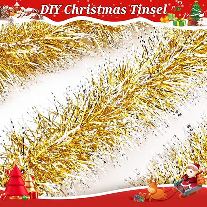 50Ft Christmas Gold and Silver Tinsel Garland Metallic Twist Shiny Garland for Xmas Christmas Tree Ceiling Hanging Decorations Holiday Wedding Home Party Supplies Indoor Outdoor Decor