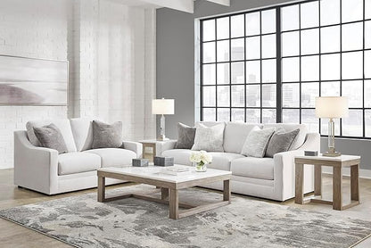 Signature Design by Ashley Maitelynn Contemporary Loveseat with Accent Pillows, Reversible Cushions and Sloped Arms, Light Gray