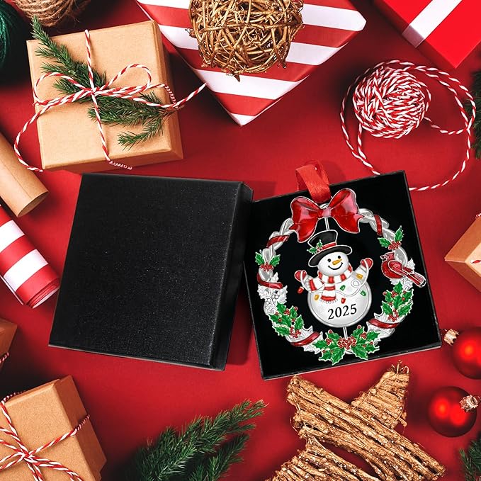 Christmas Ornament 2025 for Christmas Tree Decorations, Dated 2025 Christmas Wreath Ornament with Rotatable Snowman for Holiday Decorative Keepsake Gift(Metal,1 Pack)