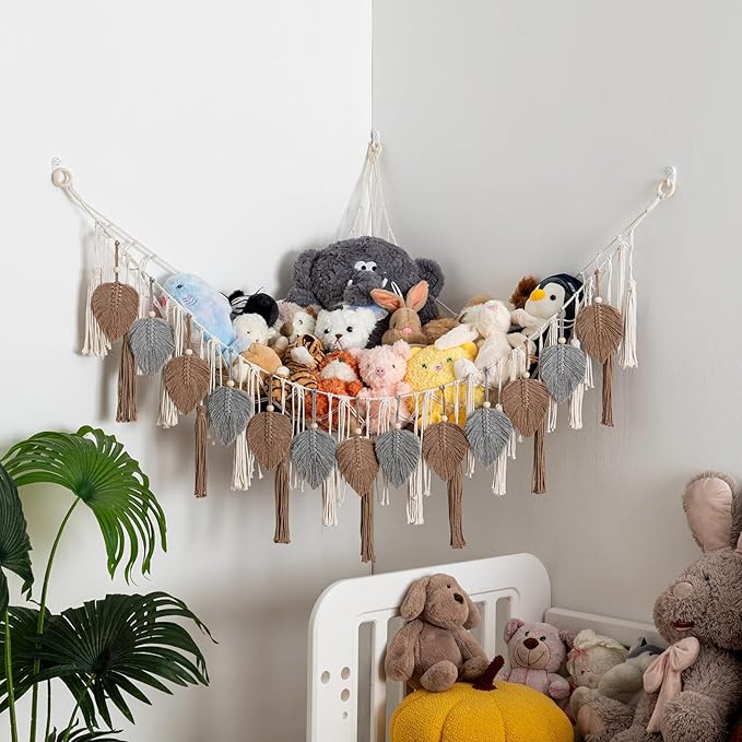 Pretty Jolly Stuffed Animal Storage with Hand Woven Leaf Tassels Hammock Corner Hanging Net Boho Macrame Plush Storage for Kid Room Nursery Decor Wall Display for Girls Gift(Gray&Coffee)
