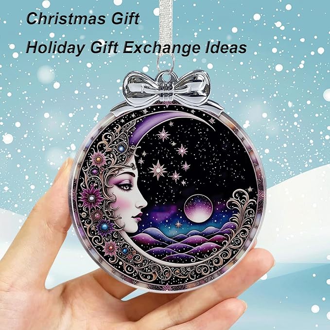 Sun and Moon Christmas Ornament Crystal Glass with Gift Box- Hanging Ornaments for Christmas Tree Xmas Decorations, Holiday Keepsake Present Exchange Ideas