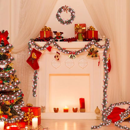 50FT Red Green Christmas Tinsel Garland with Santa Claus Ornaments, Metallic Twist Shiny Xmas Garland for Tree Decorations Fireplace Mantel Home Office Stair Party Outdoor Indoor Holiday Decor