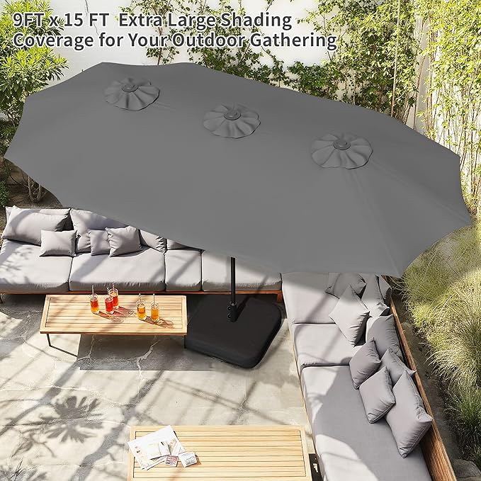 Shintenchi 16FT Large Patio Umbrella with Base, Outdoor Double-Sided Rectangular Umbrella, Market Umbrella with Crank Handle for Poolside Lawn Garden, Gray