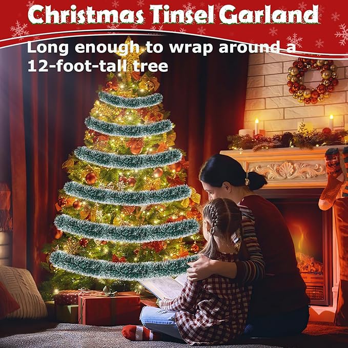 50ft Green & White Christmas Tinsel Garland - Metallic Glitter Twist Garland Hanging Streamers for Xmas Tree Decorations Indoor/Outdoor Decor