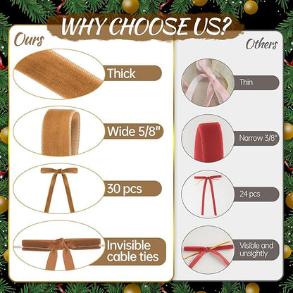 AYGXU 30pcs Velvet Bows for Christmas Tree Decorations,Twist tie Bows,Vintage Christmas Bow Decor,premade Bow for Gift Wrapping,Table,Garland,Fireplace Decor.Khaki(5/8" W,5.1 * 7in)