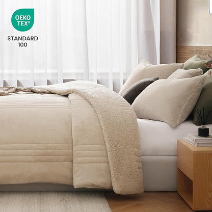 Monbix Fluffy Full Comforter Set Beige, Sherpa Plush Fuzzy Comforter 3 Piece for Full Size Bed, Luxury Soft Winter Warm Bedding Set