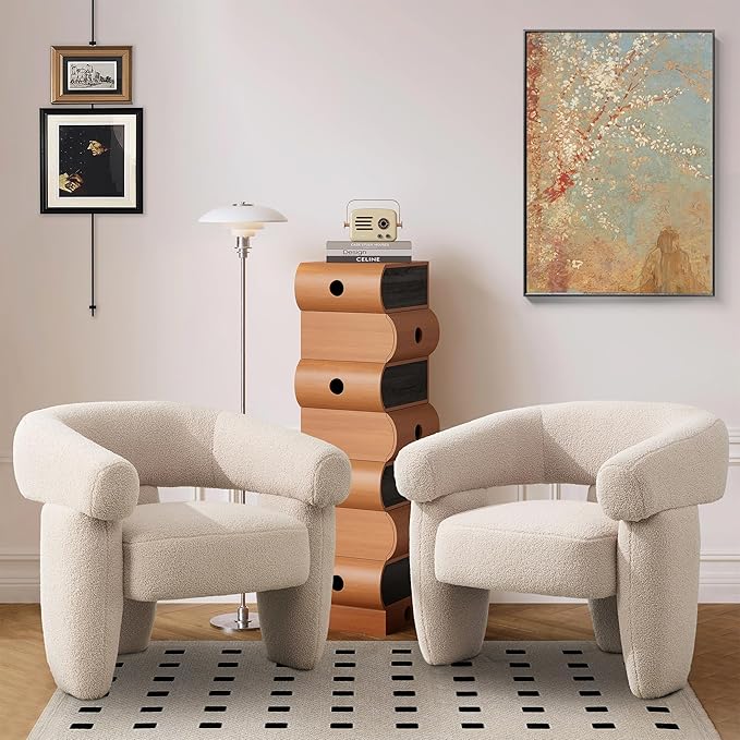 Mid Century Modern Accent Barrel Chair Comfy Upholstered Round Armchair with Montage Design, Sherpa Boucle Lounge Chair for Living Room Bedroom Apartment, Light Brown