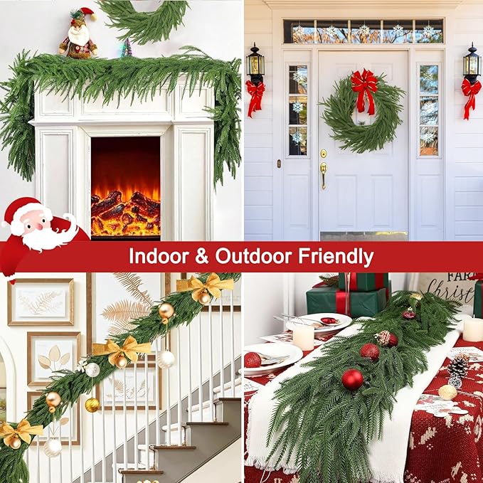 2PCS 6FT Christmas Garlands, Realistic Norfolk Pine Garlands Artificial Greenery Garland Faux Pine Needle for Stairs Railing Fireplace Table Decor