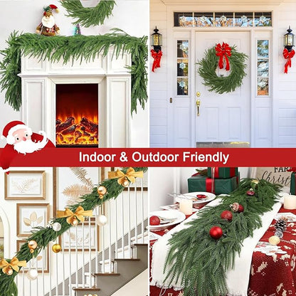 2PCS 6FT Christmas Garlands, Realistic Norfolk Pine Garlands Artificial Greenery Garland Faux Pine Needle for Stairs Railing Fireplace Table Decor