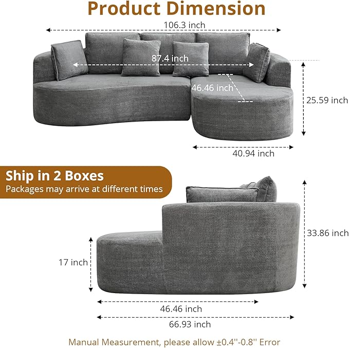 106” Curved Modular Sectional Sofa, Cloud Sectional Couch with Chaise/Deep Seat/Armrest/Chenille Fabric, No Assembly Required, Space-Saving, Boneless Compression Sleeper Sofa for Living Room