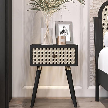 Bme Nipe Black Solid Wood Rattan Woven Cane End Table Bedside Table for Modern Bedroom Boho Living Room