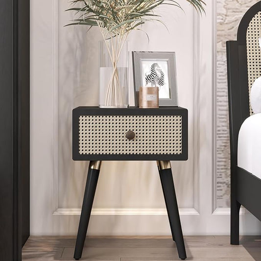 Bme Nipe Black Solid Wood Rattan Woven Cane End Table Bedside Table for Modern Bedroom Boho Living Room