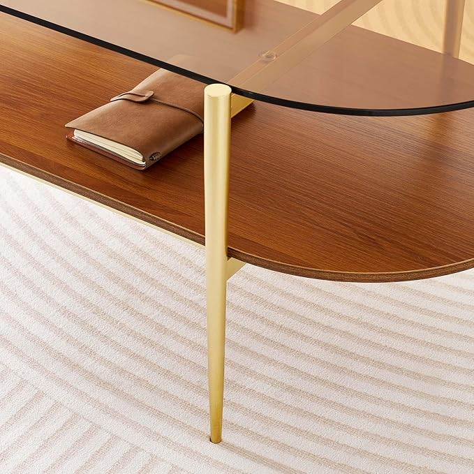Oval Glass Coffee Table, Mid-Century Modern Design, L41 x W21 x H17 inch, for Living Room, 2-Tier Structure, Amber Glass Top and Walnut Finish Wood Shelf, Conical Legs with Gold Finish Frame
