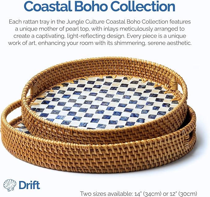 JUNGLE CULTURE Large Rattan Serving Tray 14" with Mother of Pearl Inlay • Coastal Boho Collection • Handcrafted Serving Tray with Handles • Round Woven Table Trays for Home • Wicker Basket – Drift