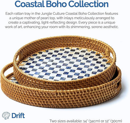 JUNGLE CULTURE Large Rattan Serving Tray 14" with Mother of Pearl Inlay • Coastal Boho Collection • Handcrafted Serving Tray with Handles • Round Woven Table Trays for Home • Wicker Basket – Drift