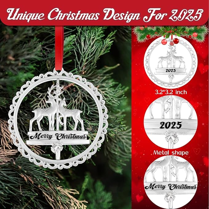 Christmas Ornament Decoration for Tree Hanging Metal Ornaments with Rotatable Elk,Dated 2025 Engraved for Holiday Decoration Keepsake Gift Lover Friends Family