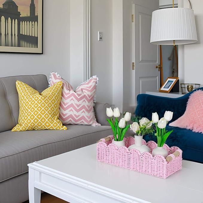 CubesLand Paper Rope Scalloped Edge Gift Basket Empty, Small Living Room,Bedroom Decor Baskets, Pink Woven Toilet Paper Storage Basket, with 2 Wooden Handle, Rectangular