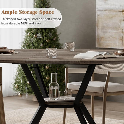 42"-58" Extendable Round Dining Table for 4-6, Kitchen Oval Table with Hidden Leaves & Storage Shelf, Space Saving Modern Design with Sturdy Metal Legs for Kitchen, Dining Room