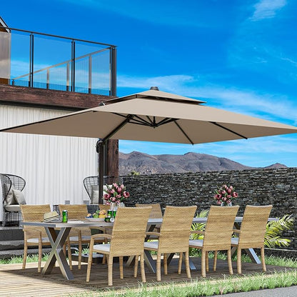 10x13FT Cantilever Outdoor Patio Umbrellas, Double Top Large Rectangle Umbrella, Heavy Duty 360° Rotation Offset Outdoor Sun Shade Umbrella for Garden Deck Pool Backyard Patio, Beige Brown