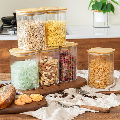 37oz Airtight Glass Square Storage Canisters with Bamboo Lids Set of 4 (1100ml) Striped Stackable Containers, Kitchen Jars for Pantry Noodles, Flour and Coffee beans (‎with Black Lable)