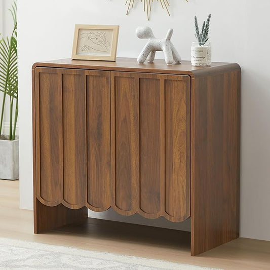 ORRD Sideboard Buffet Cabinet, Accent Storage Cabinets with 2 Doors, Farmhouse Wood Cabinet with Adjustable Shelves and Wave Panel for Living Room, Dining Room, Entry - Walnut