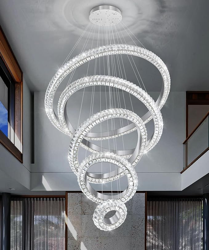 5 Ring Large Crystal Chandelier Modern LED Dimmable High Ceiling Chandelier Ring Contemporary Pendant Light Fixture for Living Room Foyer Staircase Gold D40''