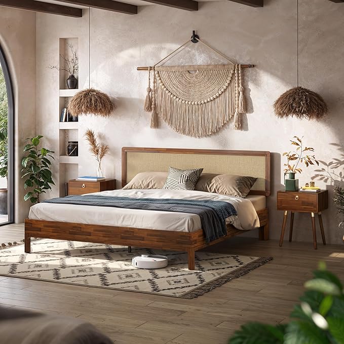 Bme Nipe Bed Frame with Headboard, Bohemian and Mid-Century Modern Style, Solid Acacia Wood Platform Bed with Slat Support, No Box Spring Needed, Easy Assembly, King - Dark Chocolate