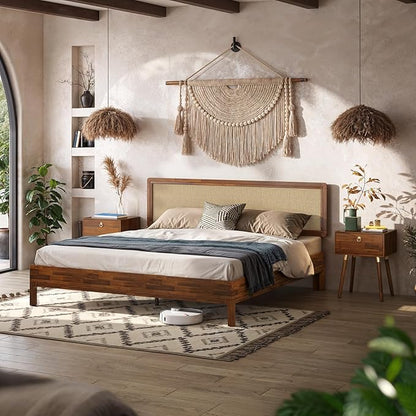 Bme Nipe Bed Frame with Headboard, Bohemian and Mid-Century Modern Style, Solid Acacia Wood Platform Bed with Slat Support, No Box Spring Needed, Easy Assembly, King - Dark Chocolate