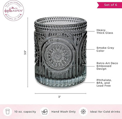 Kate Aspen Ribbed Retro Arch Floral Smoke Grey Drinking Glasses Set of 6, (10 oz) Vintage Glassware Set Cocktail Glass Set, Juice Glass, Water Cups | Hostess Gift & Present for New Home Owners