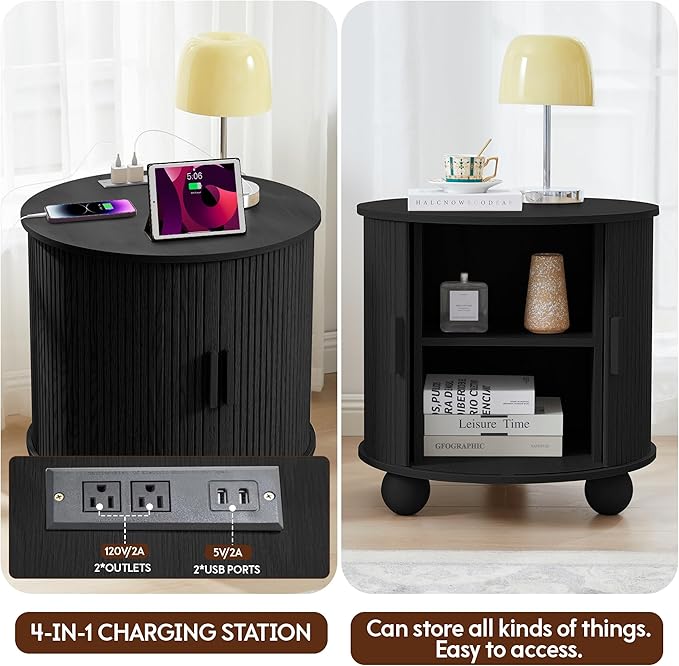 24" Fluted Round Nightstand Set of 2, Mid-Century Large Wooden End Table with Charging Station, Modern Storage Side Table with Sliding Door for Bedroom Living Room (2XRound, Black)