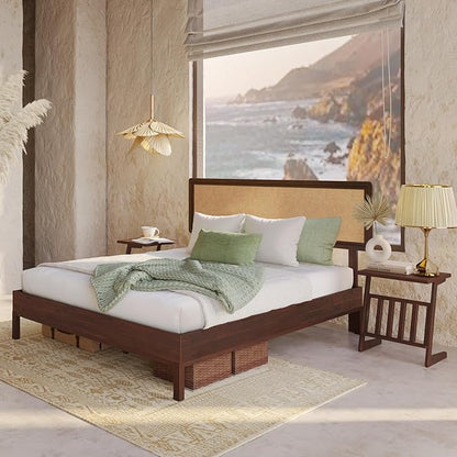 Bme Nipe Queen 14 Inch Bohemian Bed Frame with Adjustable Woven Headboard - Rustic & Vintage Unique Style with Acacia Wood - No Box Spring Needed - Easy Assembly - Walnut