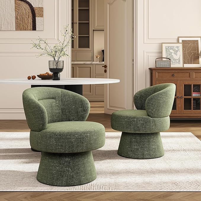 360° Swivel Accent Chairs Set of 2, Modern Chenille Upholstered Boucle Dining Chair with Back, Vanity Chair Accent Armchair Side Chairs for Dining/Living Room, Bedroom, Green