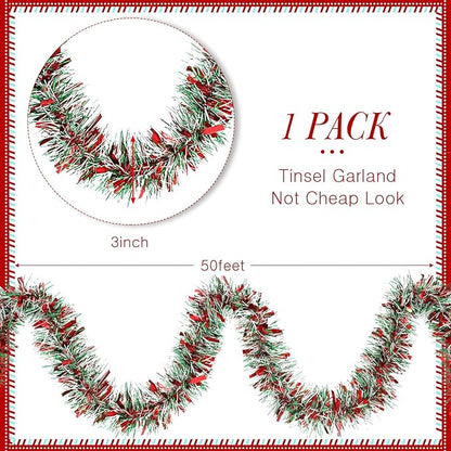 50 Feet Christmas Tinsel Garland Metallic Twist Garland Xmas Tree Decorations Wedding Birthday New Year Hanging Ornaments Party Supplies 3 Inch(Red, Green, White)