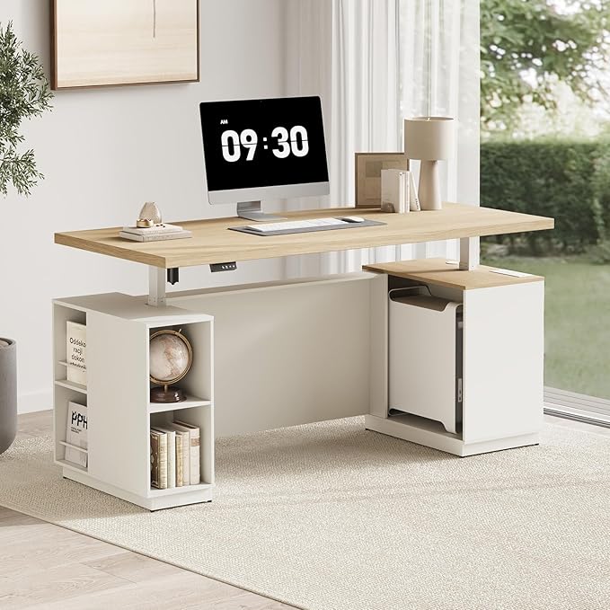 71" Standing Executive Desk with Privacy Panel, Large One-Piece Electric Height Adjustable Stand Up Office Desk with Charging Station, File Cabinet Storage, Home and Office, Light Walnut