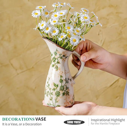 Green and Beige Pitcher Vase, Handcrafted Pastoral Ceramic Floral Vase, Vintage Farmhouse Flower Vase for Home Decor, Chinoiserie Tuscan Cottage Core Decor, Rustic Table Centerpiece 7.3 in