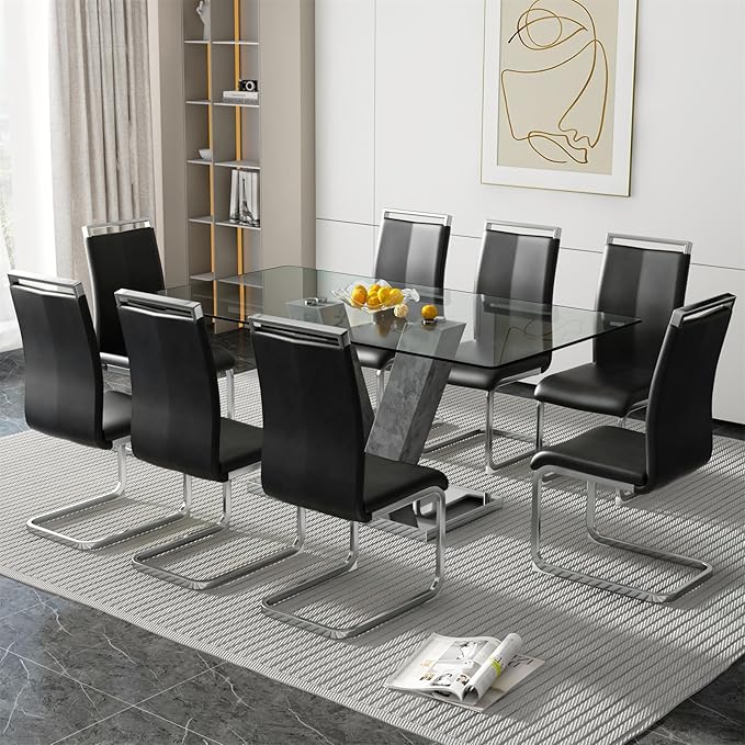 71" Glass Dining Table Set for 8, Kitchen Table and 8 PU Leather Chairs, Tempered Glass Top and MDF Base, 9-Piece Table Set Ideal for Living Room