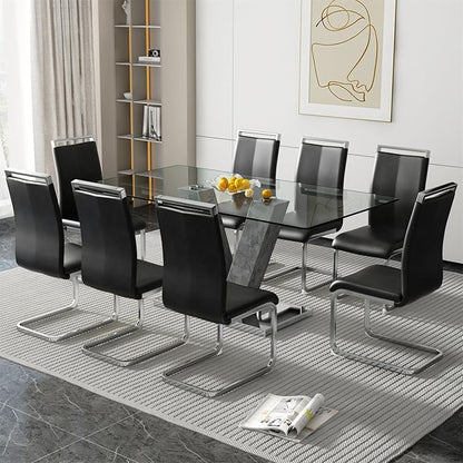 71" Glass Dining Table Set for 8, Kitchen Table and 8 PU Leather Chairs, Tempered Glass Top and MDF Base, 9-Piece Table Set Ideal for Living Room