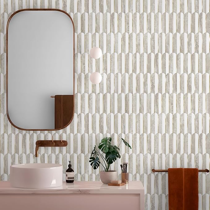 Vamos Tile Peel and Stick Backsplash Seamless Tile,1-Sheet Stick on Backsplash for Kitchen and Bathroom,White and Beige Slate PVC Mixed Metal Gold Self Adhesive Mosaic Tiles