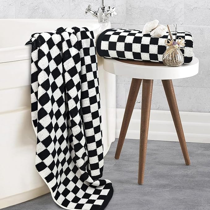 Jacquotha Bath Towels 100% Cotton Soft Absorbent Quick Dry Set of 2 Towels for Bathroom, Black & White Checkered