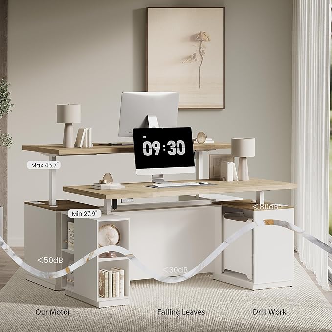 71" Standing Executive Desk with Privacy Panel, Large One-Piece Electric Height Adjustable Stand Up Office Desk with Charging Station, File Cabinet Storage, Home and Office, Light Walnut