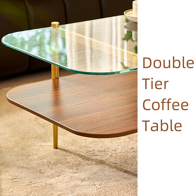 Saint Mossi Tadio Oval Glass Coffee Table, Double Layer Coffee Table for Living Room, Clear Glass & Coffee Brown MDF Bottom Shelf, H17xL47xW21