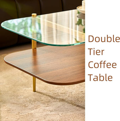 Saint Mossi Tadio Oval Glass Coffee Table, Double Layer Coffee Table for Living Room, Clear Glass & Coffee Brown MDF Bottom Shelf, H17xL47xW21