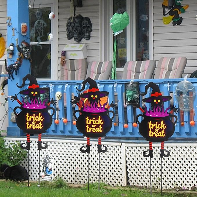 Witch Halloween Decorations Cauldron 39.7 inch with Trick or Treat Sign, Large Halloween Yard Stakes Metal for Garden, Lawn, and Outdoor Spooky Yard Decorations
