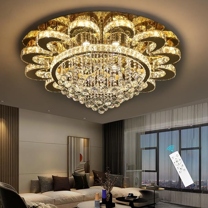 Modern Chandelier Living Room Light Glam Chandeliers Ceiling Light Fixture Remote Dimmable Lights 40 Inches Luxury Crystal Gold Dining Room Lights